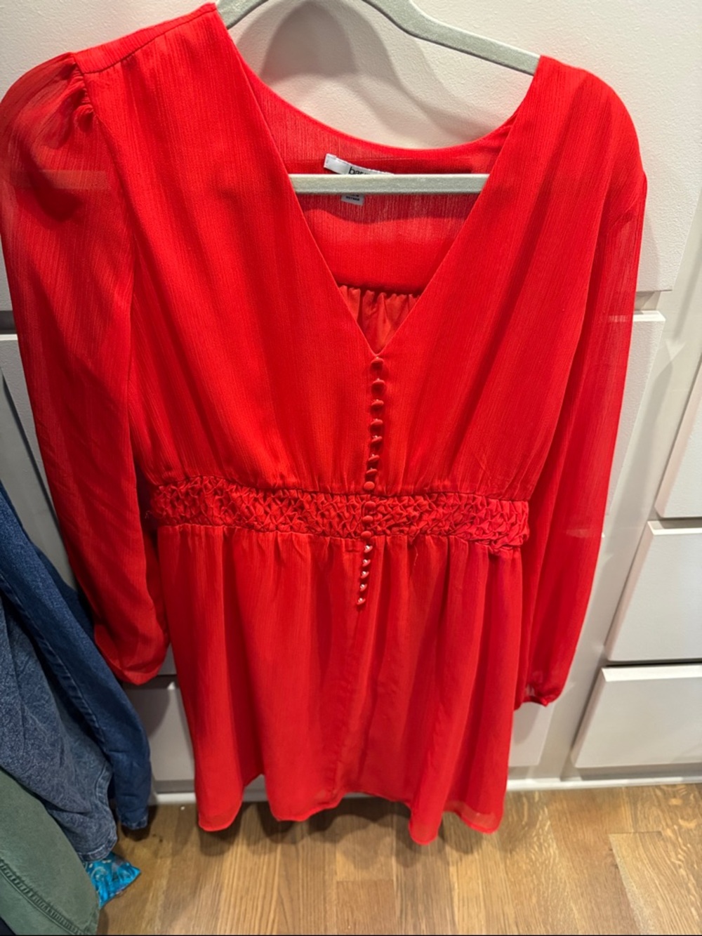 Bar III Bright Red V-Neck Smocked-Waist Long Sleeve Dress
